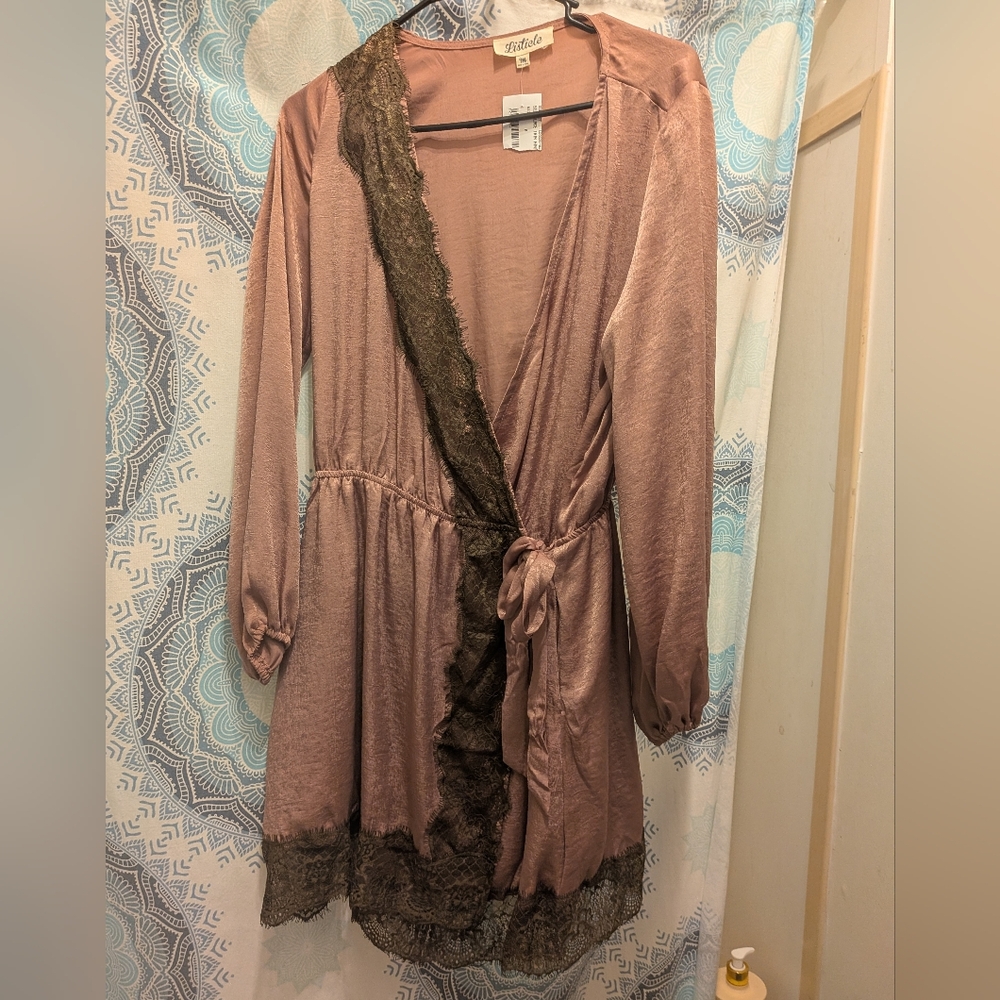 Women's Lace Trim Wrap Dress-  Smokey Pink